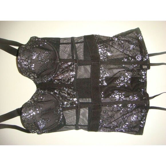 Victoria's Secret 32B GARTER corset+TEDDY one-piece+XS thong BLACK silver foil - Picture 3 of 8